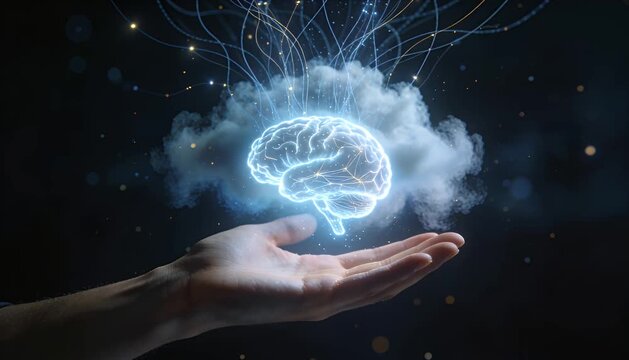 Digital brain cloud network artificial intelligence innovation neural connection data future technology visualization floating over human hand virtual reality creative imagination glowing dynamic