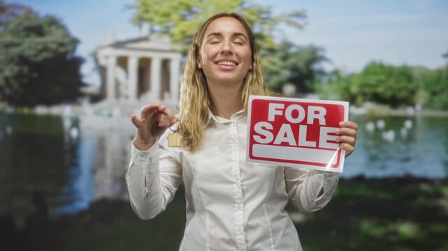 Woman holding keys and a for sale sign, smiling and points keys toward camera in front of building by a lake with trees and classical pavilion; confidence homeownership success.