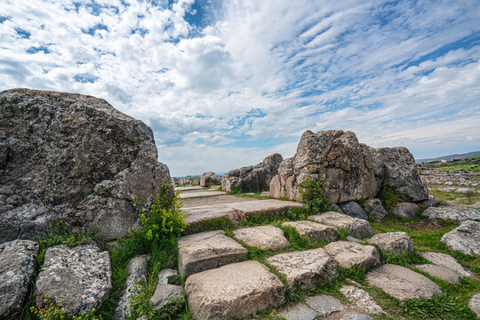 Scenic views of the archaeological remains and monumental stone walls of Hattuşa (Hattusha),  located in Boğazkale, &Ccedil;orum, this sprawling site was the fortified capital city of the Hittite Empire duri