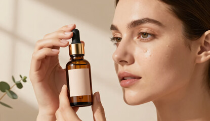 Fototapeta premium Beautiful young woman holding blank amber glass dropper bottle for skincare mockup, fresh hydrated skin with water drops, generative AI 