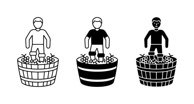 Grape Stomping Icons, Wine Making Process, Traditional Vineyard Harvest, Vector Set
