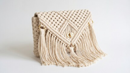 Fototapeta premium Macrame clutch bag with fringe detail isolated on white background