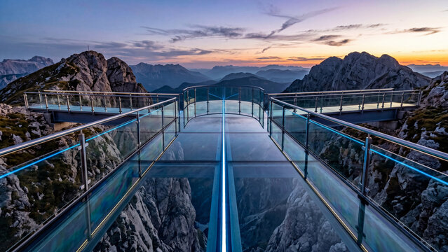 Modern glass skywalk and observation deck on a majestic mountain peak at sunset.