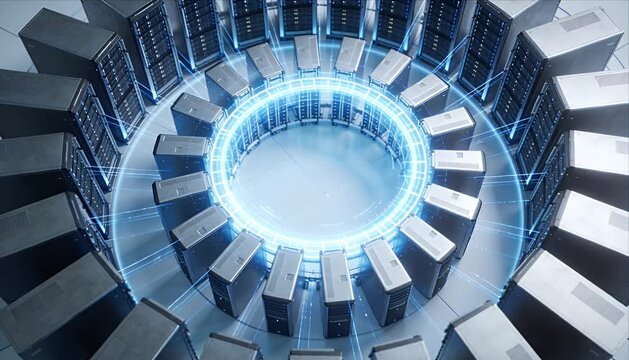 Futuristic data center circle server ring blue neon glowing technology cyber network digital connection abstract background modern hardware secure storage cloud computing network security magnify