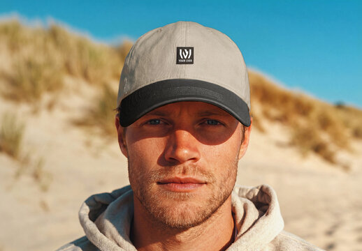 Man at the Beach Wearing a Cap with Embroidered Logo Mockup