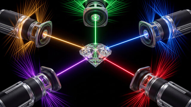 Colorful laser beams from multiple emitters converge on a sparkling diamond, illustrating light technology and precision.