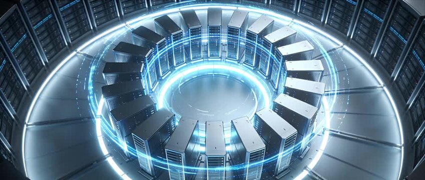 Futuristic server data center immersive circular server rack with glowing circle blue light cyber sci fi network cloud computing technology powerful computer system innovation concept digital
