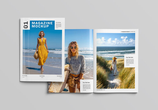Isolated Magazine Cover and Open Magazine Mockup on White with Soft Shadows