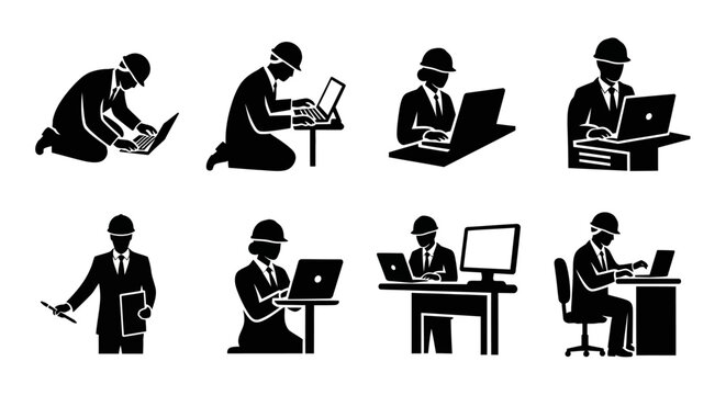 Engineer and Architect Team Icons with Laptops for Construction Design