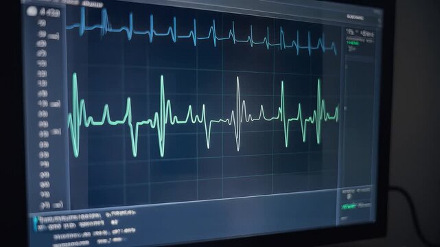 Digital electrocardiogram monitor displaying heart rate and electrical activity of human heart.