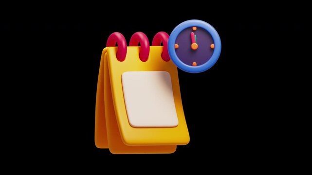 Alpha channel. Loopable 3D animation. Yellow spiral calendar with red spring and green checkmark hovering in the air on transparent background. Simple colorful clock with moving hand. Planning concept