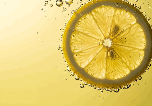 A fresh lemon slice submerged in sparkling carbonated water with bubbles