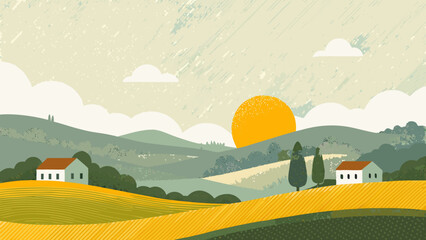Rolling hills landscape illustration with houses fields and a textured golden sun countryside farmland rural © Nipa