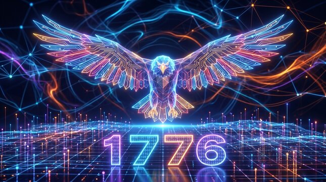 Neon owl with outstretched wings hovers over futuristic grid with binary code and glowing numbers 1776