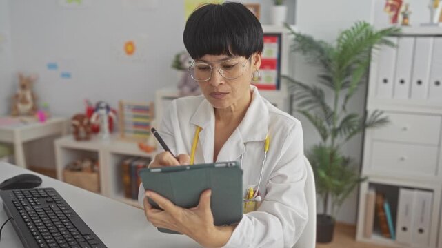 Woman doctor with stethoscope and glasses writing on a tablet with a stylus, hand visible, seated at a desk with keyboard and children's toys in a pediatric clinic building; concentration.