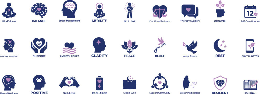 Mental health and wellness icon set with mindfulness meditation stress management therapy support and self care symbols
