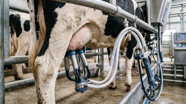 Close-up of a Holstein cow being milked by an automated milking system in a clean dairy farm parlor, highlighting modern agricultural technology and livestock management