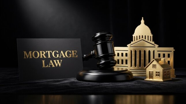 Mortgage law concept with judge gavel and house model, real estate legislation and property finance regulations, gold capitol building icon on black background