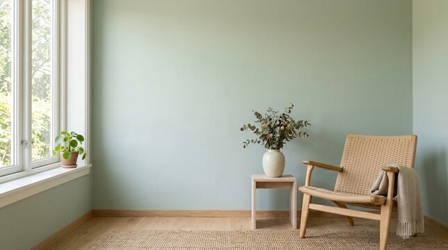 Minimalist living room with sage green wall and woven chair