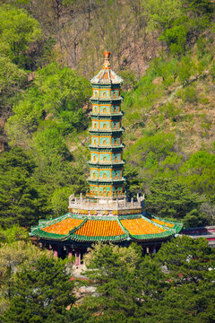 Octagonal Wanshou Liuli glazed pagoda at Xumi Fushou Temple in Chengde, Hebei, China