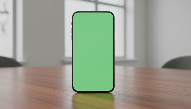 Smartphone mockup with green screen on wooden desk
