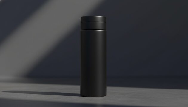 Sleek matte black reusable water bottle in dramatic light