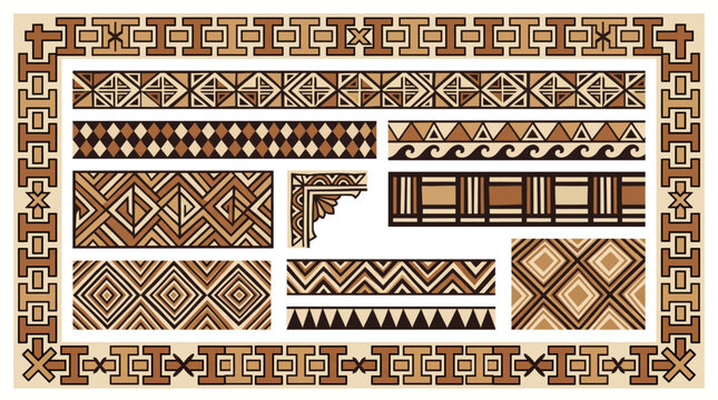 Polynesian Tapa Bark Cloth Geometric Border Frame Vector Set with Tongan Ngatu Fijian Masi Samoan Siapo Hawaiian Kapa Diamond Check and Pacific Design