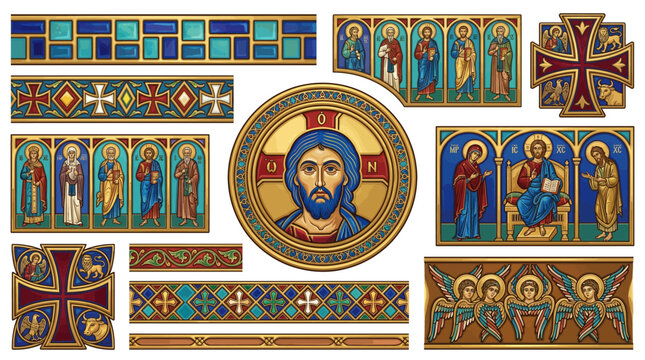 Byzantine Champlev&eacute; Enamel Reliquary Border Frame Vector Set with Gold Cell Wall Christ Pantocrator Saint Portrait Cross Pattee Seraphim and Sacred Design