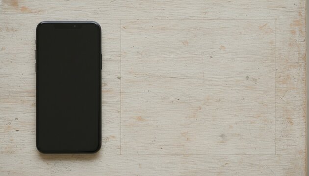 Smartphone with blank screen on rustic wooden surface