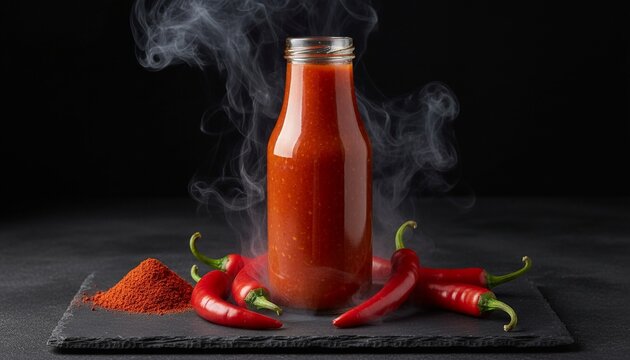Spicy red hot sauce bottle with steam and chili peppers