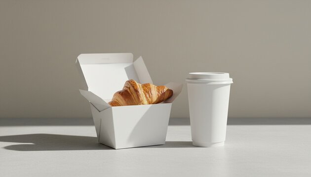 Takeaway coffee cup and croissant in paper box mockup