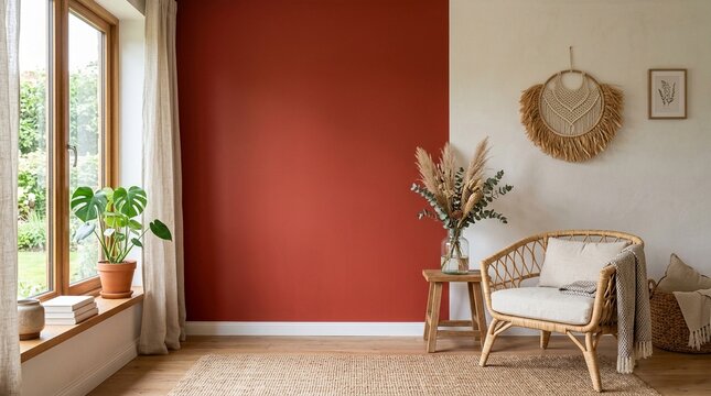 Stylish room with terracotta accent wall and rattan chair