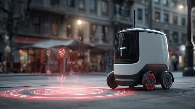 Low-angle view of autonomous delivery robot on city street with red holographic location pins and glowing wheel rims