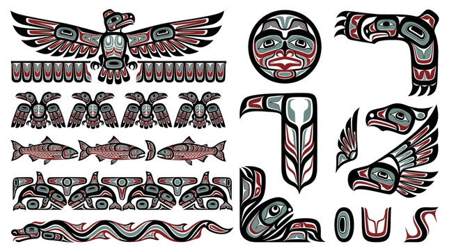 Haida Pacific Northwest Coast Formline Border Frame Vector Set with Raven Orca Salmon Bear Eagle Thunderbird Sea Monster Ovoid and Indigenous Design
