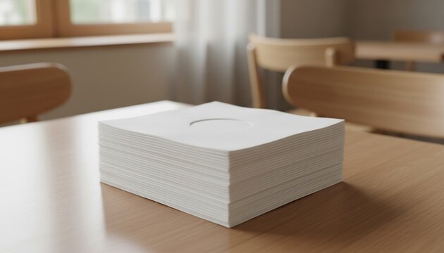 Thick stack of white paper on wooden desk mockup