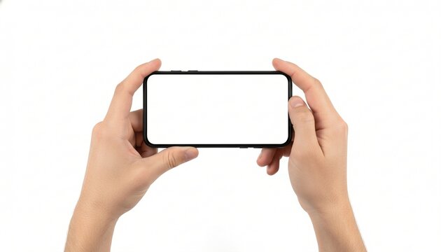 Two hands holding smartphone horizontally with white screen