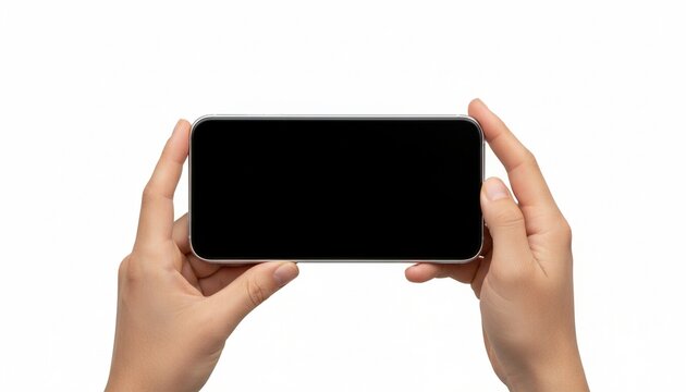 Two hands holding smartphone horizontally with black screen