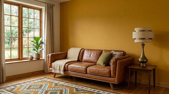 Warm living room with mustard wall and leather sofa