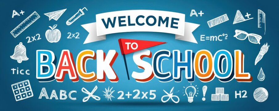 Welcome back to school banner with colorful lettering and chalkboard-style icons