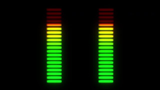 Dynamic Green vertical audio spectrum equalizer bars. Pulsing music visualization on black background. Digital frequency equalizer sound signal visualization. Frequency level indicator