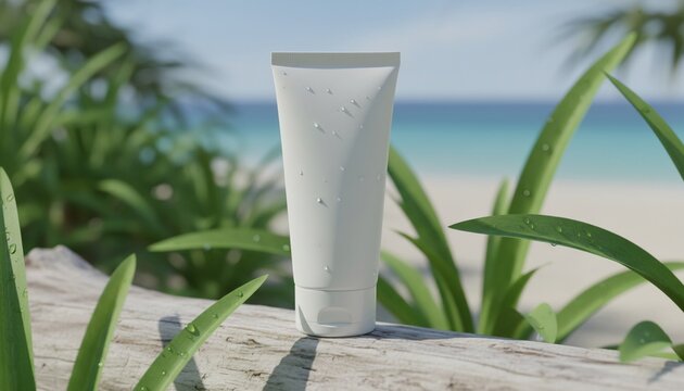 White cosmetic tube mockup on a tropical beach log