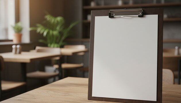 Wooden clipboard menu mockup on a cafe table