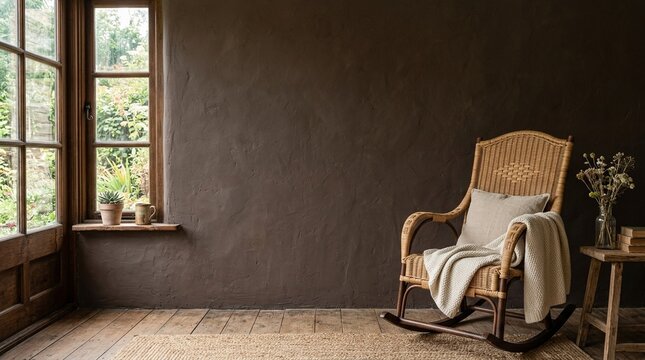 Wicker rocking chair against dark brown textured wall