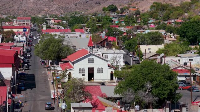 Birds eye view captures Iglesia Santa Rosalia, highlighting the unique architecture and local life in Baja California Sur, Mexico.
