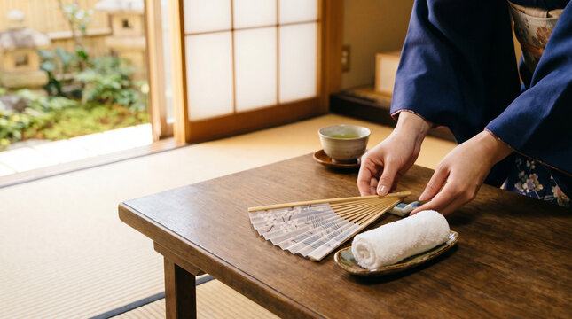 うちわと冷たいおしぼりを準備する夏のおもてなし風景。
茶室の落ち着いた空間と自然光が上質な印象を演出。