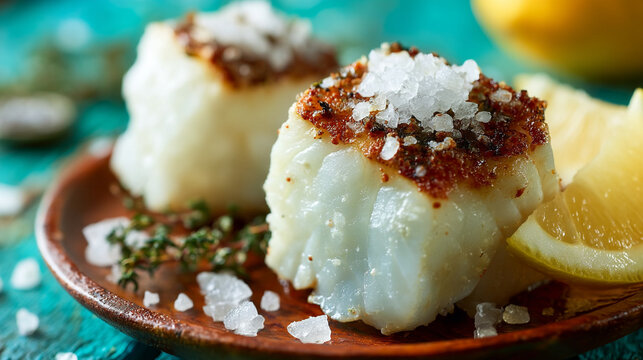 Pan seared white fish fillet served with sea salt culinary appetizer restaurant