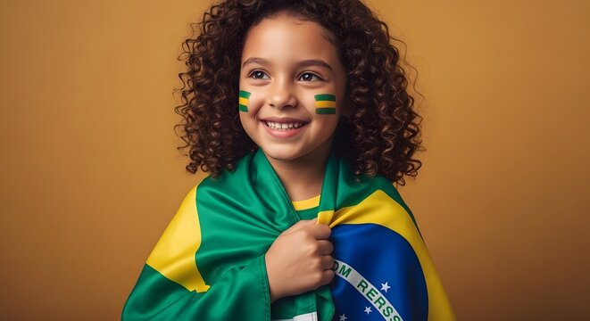 Brazilian football fan young girl with brazil flag and face paint supporting soccer