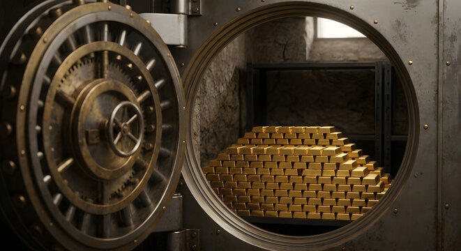 Open Bank Vault Door Revealing Stack of Golden Bars, Luxury Premium Wealth Management Asset Concept, Secure Financial Storage Deposit Chamber