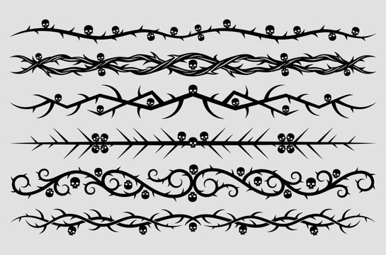 Gothic thorns border set with skulls for dark decorative design and metal aesthetic art.