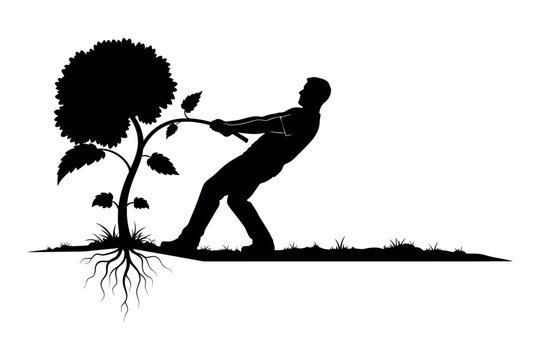 Man Pulling a Growing Tree: A silhouette of a man straining to pull a young, growing tree with visible roots, symbolizing effort in nurturing nature or achieving growth.